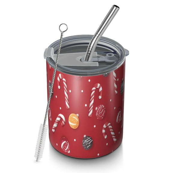 12oz Coffee Tumblers Red Christmas Candy Cane Pattern Stainless Steel Vacuum Insulated Travel Tumbler Coffee Cups Mug with Lid and Straw with Cleaning Brush for Cold & Hot Drinks