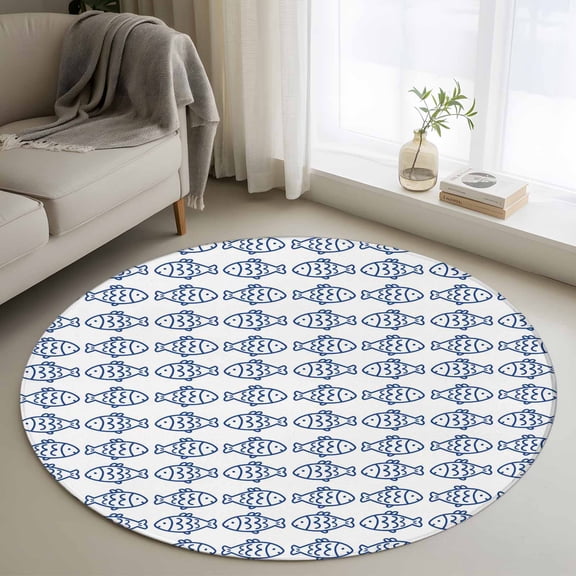 Ocean Blue Fish Round Area Rug 4Ft Washable Circle Rugs for Bedroom Dining Room, Summer Fishing Coastal Nautical Simple Non-Slip Carpet Floor Mats Indoor Outdoor Carpet Runner Aesthetic Home Decor