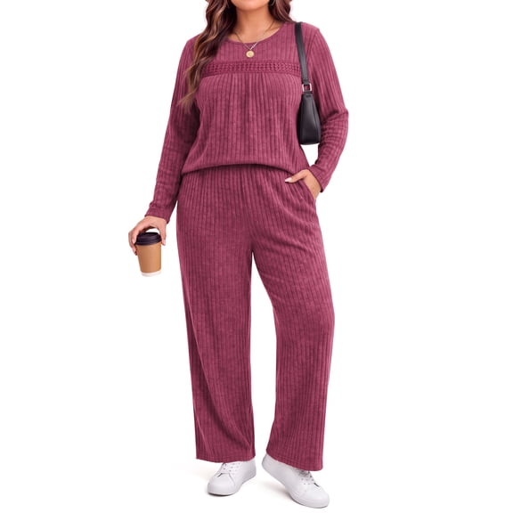 WellSize Womens Plus Size 2 Piece Outfit Sets Lace Long Sleeve Tops Wide Leg Pants Fall Travel Vacation Outfits Lounge Sets