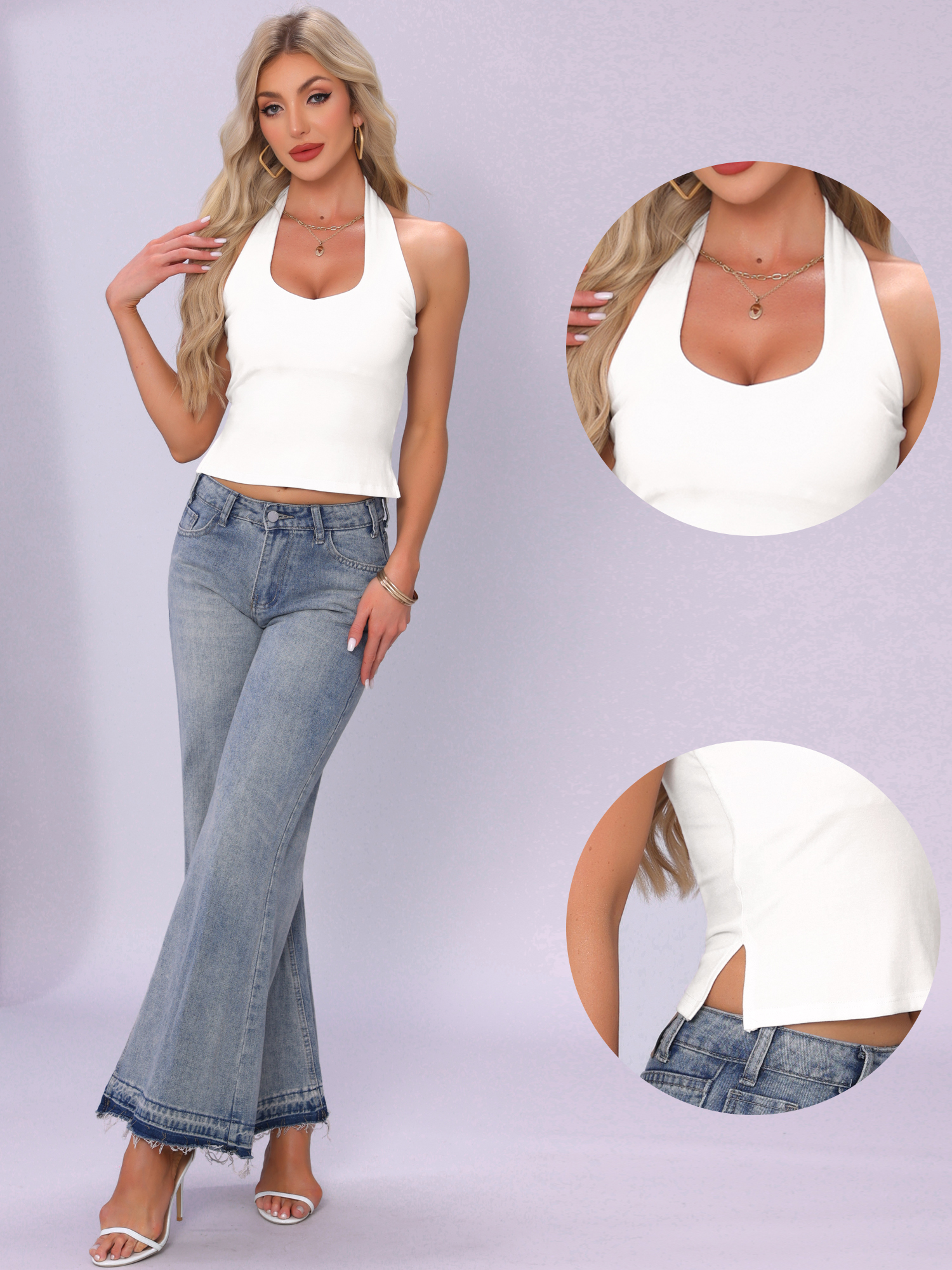 DARING DIVA Sweetheart Neck Backless Sleeveless Cropped Tank Top M White