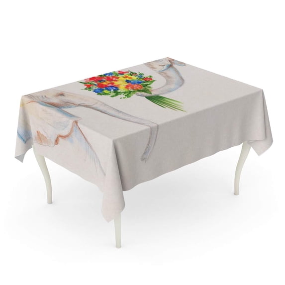 LADDKE Drawing of Colored Watercolor Pencils Elephant Giving Bouquet Flowers Tablecloth Table Desk Cover Home Party Decor 52x70 inch