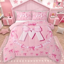 Homewish Pink Monogrammed M Queen Comforter Set, Kawaii Princess Bow-tie Bedding Sets, Teens Kids Girls Women Reversible Bedding Comforter Set, Ultra Soft Bedroom Decor, 3-Piece