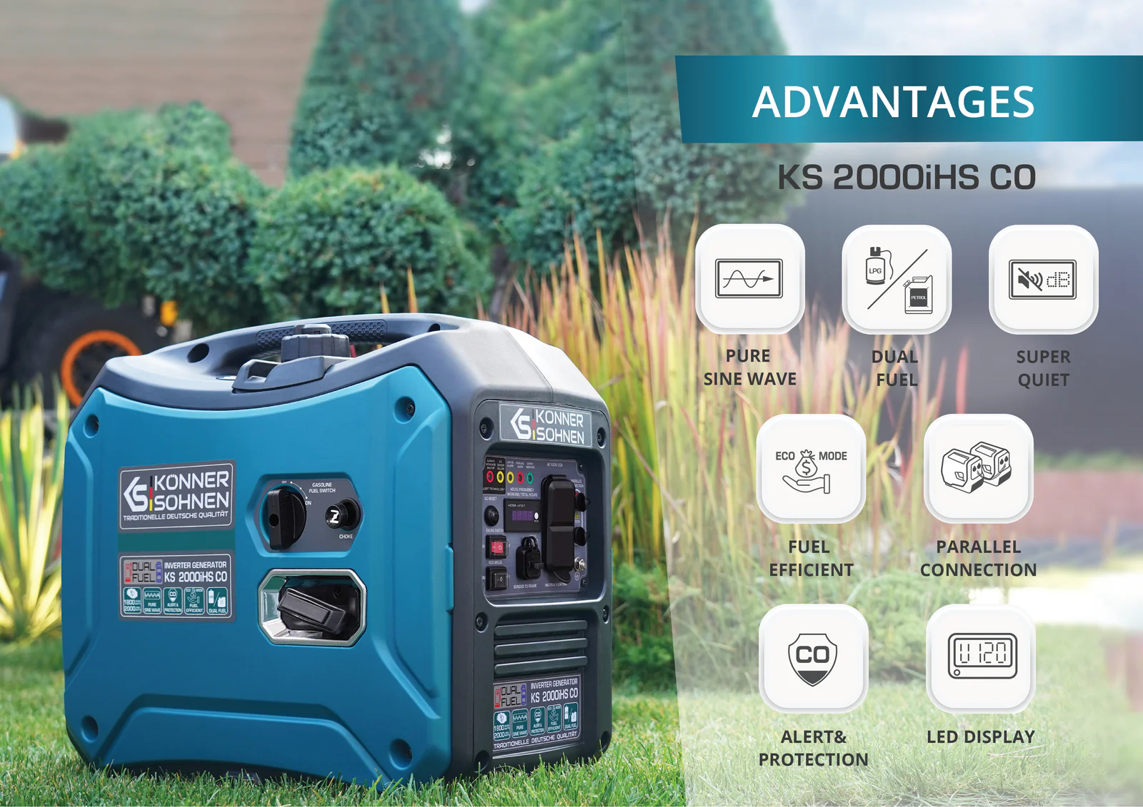 Konner & Sohnen 2000W Portable Inverter Generator Lightweight CO Sensor, Fuel-Efficient Technology, LPG/Gasoline for Camping Outdoor Home Backup