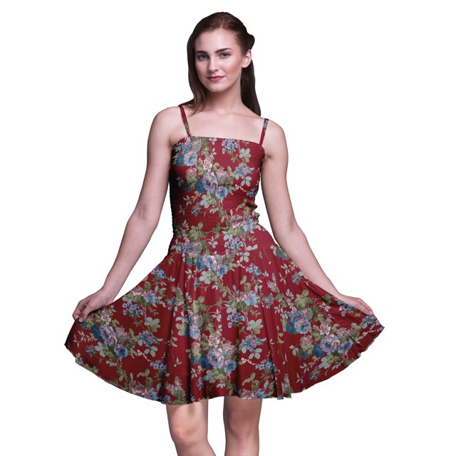 Bimba Haut à Taille Smockée Imprimé Floral pour Femmes Robe de Soleil Mini à Bretelles spaghetti-TP