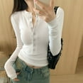 thumbnail image 2 of Olyvenn Button T Shirt Women's Crop Tops Ribbed Solid Long Sleeve V Neck Buttons Slim Basic Casual T Shirt Shirt White M, 2 of 5
