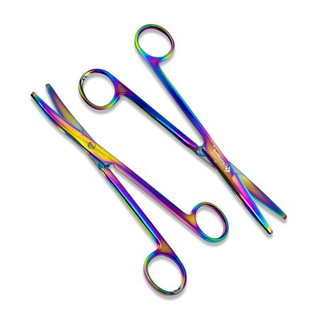 Cynamed Set of 2 Mayo Scissors with Multicolor/Rainbow Titanium Coating - Long, Thick Precision Shears (5.5 in. - Straight and Curved)
