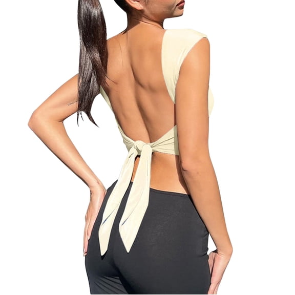Tittly Vest for Women Tank Tops Women's Solid Color Fashion Slim Solid Color Straps Backless T Shirt Top Going Out Tops Crop Tops Beige L