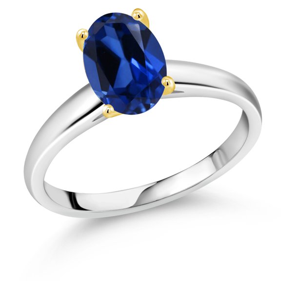Gem Stone King 925 Silver and 10K Yellow Gold Blue Created Sapphire Solitaire Engagement Ring for Women | 2.30 Cttw | Oval 9X7MM | Gemstone September Birthstone (Size 8)