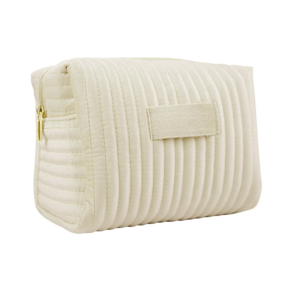 WeDecorBay Embroidered Striped Velvet Cosmetic Bag Soft Storage Compact Design Smooth Zipper Versatile Use Ideal for Daily Outings Travel Makeup Organizing Essentials Beige