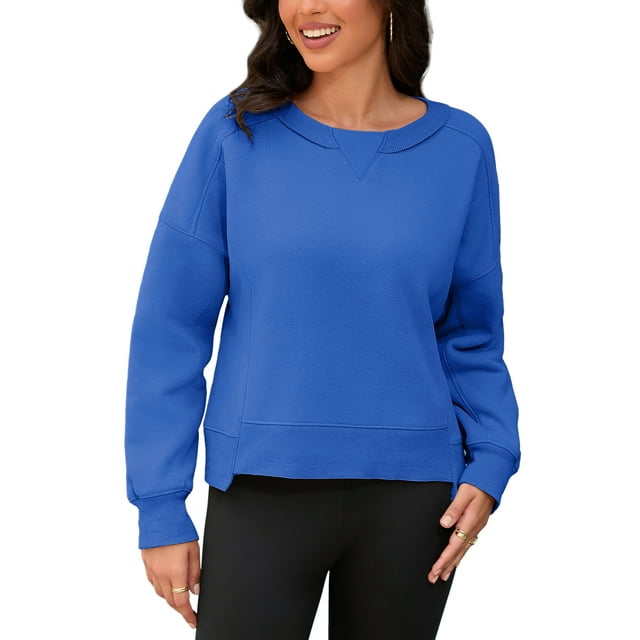 Sudadera recortada ATHLECHIC para mujeres, suéter de felpa de cuello redondo, suéter oversized de moda, tops de pullover de otoño, M azul