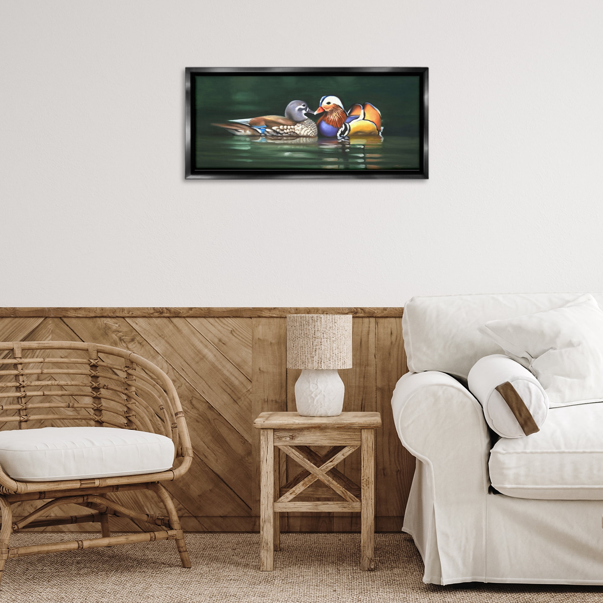 Stupell Industries Patterned Birds in Lake Animals & Insects Painting Black Floater Framed Canvas Art Print Wall Art, 25 x 11