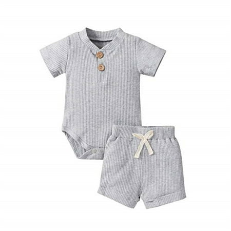 

Kiapeise Unisex Newborn Ribbed Knitted Cotton Short Sleeve Tops + Shorts
