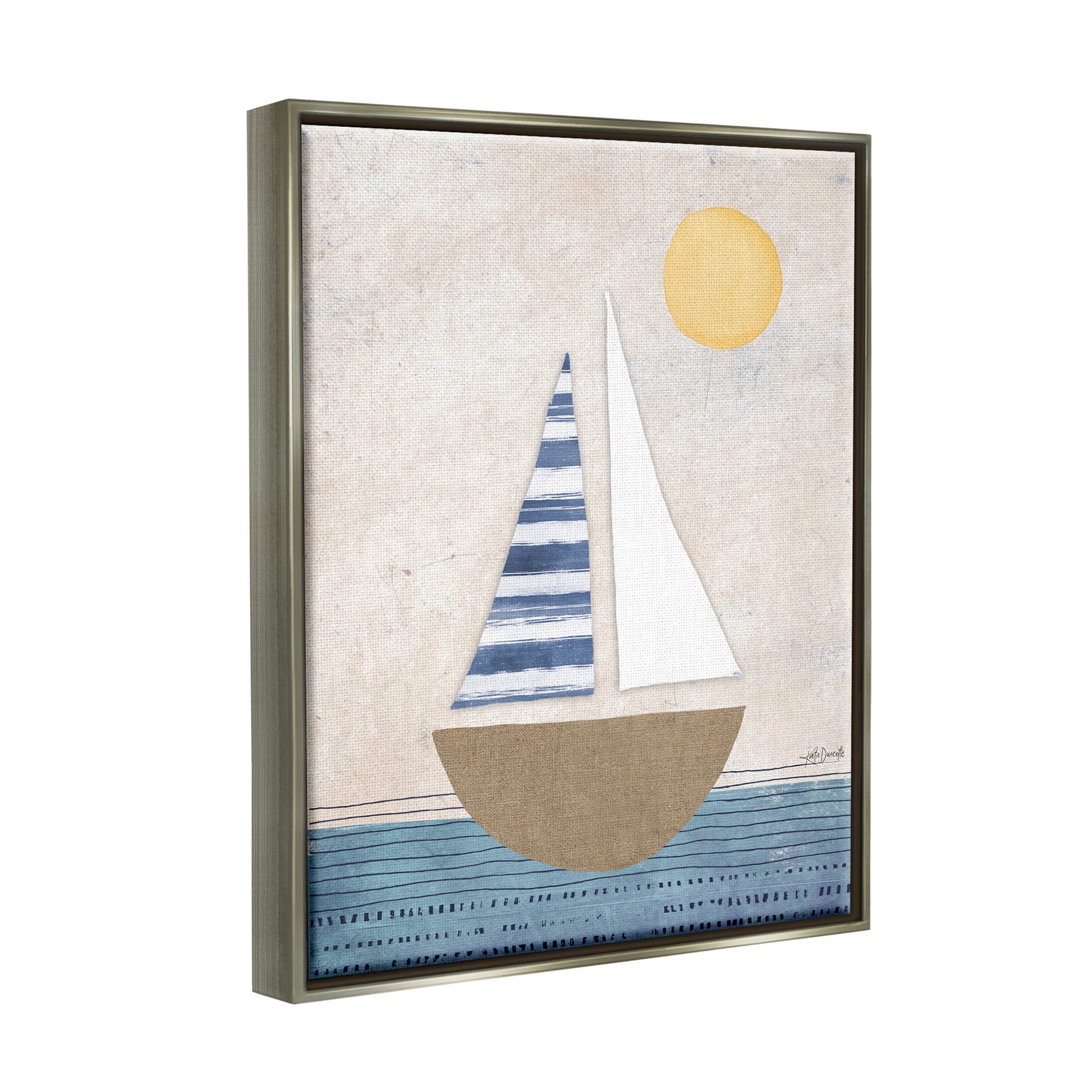 Stupell Industries Geometric Sailboat Striped Ocean Water Graphic Art Luster Gray Floating Framed Canvas Print Wall Art, Design by Katie Doucette