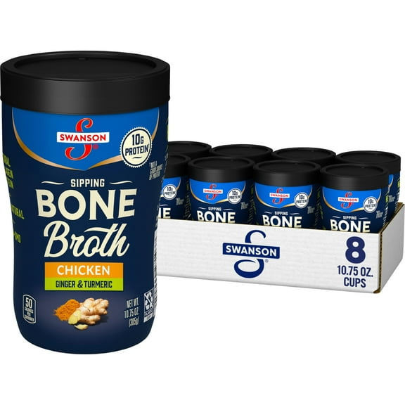 Swanson Sipping Bone Broth, Chicken Bone Broth GHH1with Ginger & Turmeric, 10.75 Ounce Sipping Cup (Pack of 8)