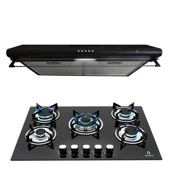 Combo Supra, parrilla de 5 quemadores y campana básica en color negro SUPRA Combo parrilla y campana Supra en color negro