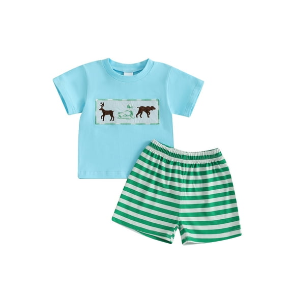 Rovasas Boy Outfit Animal Embroidery Short Sleeve T-Shirt Stripe Shorts