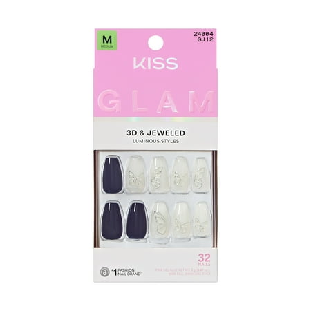 Kiss Glam 3D & Jeweled Medium Coffin Press-On Nails, White, 32 Pieces