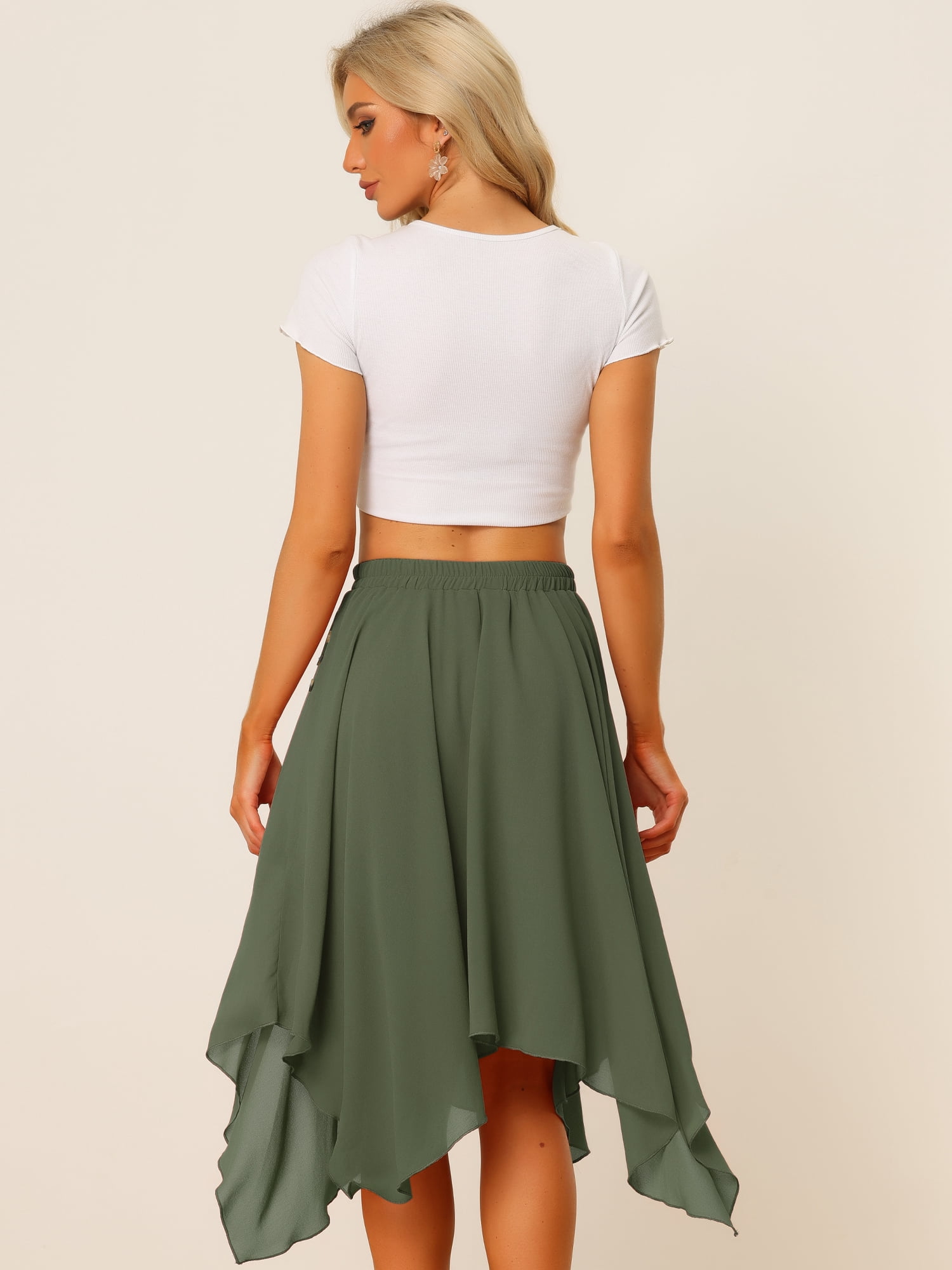 DARING DIVA Women's Asymmetrical Hem Chiffon Midi Skirt L Army Green