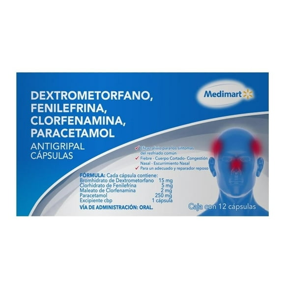 Antigripal Medimart Dextrometorfano 15 mg / Fenilefrina 5 mg / Clorfenamina 2 mg / Paracetamol 250 mg 12 cápsulas