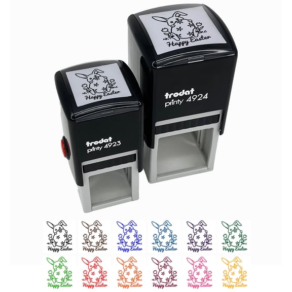 Happy Easter Tulips Bunny Hiding Behind Giant Egg Self-Inking Rubber Stamp Ink Stamper - Black Ink - Small 1 Inch