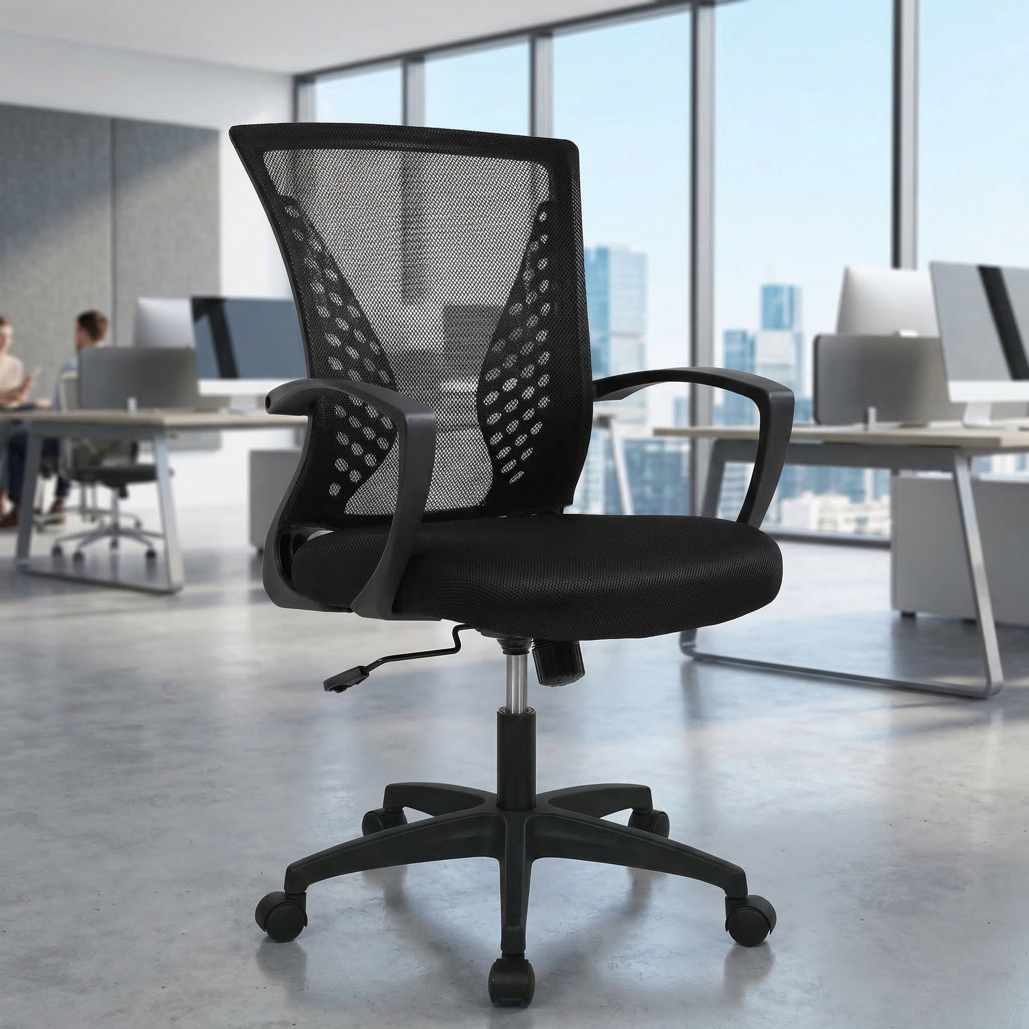 Home Office Chair - Ergonomic Mesh Desk Chair with Lumbar Support, Height Adjustable Task Chairs with Fixed Armrest, for Computer, Students, Conference, 360° Swivel, Black