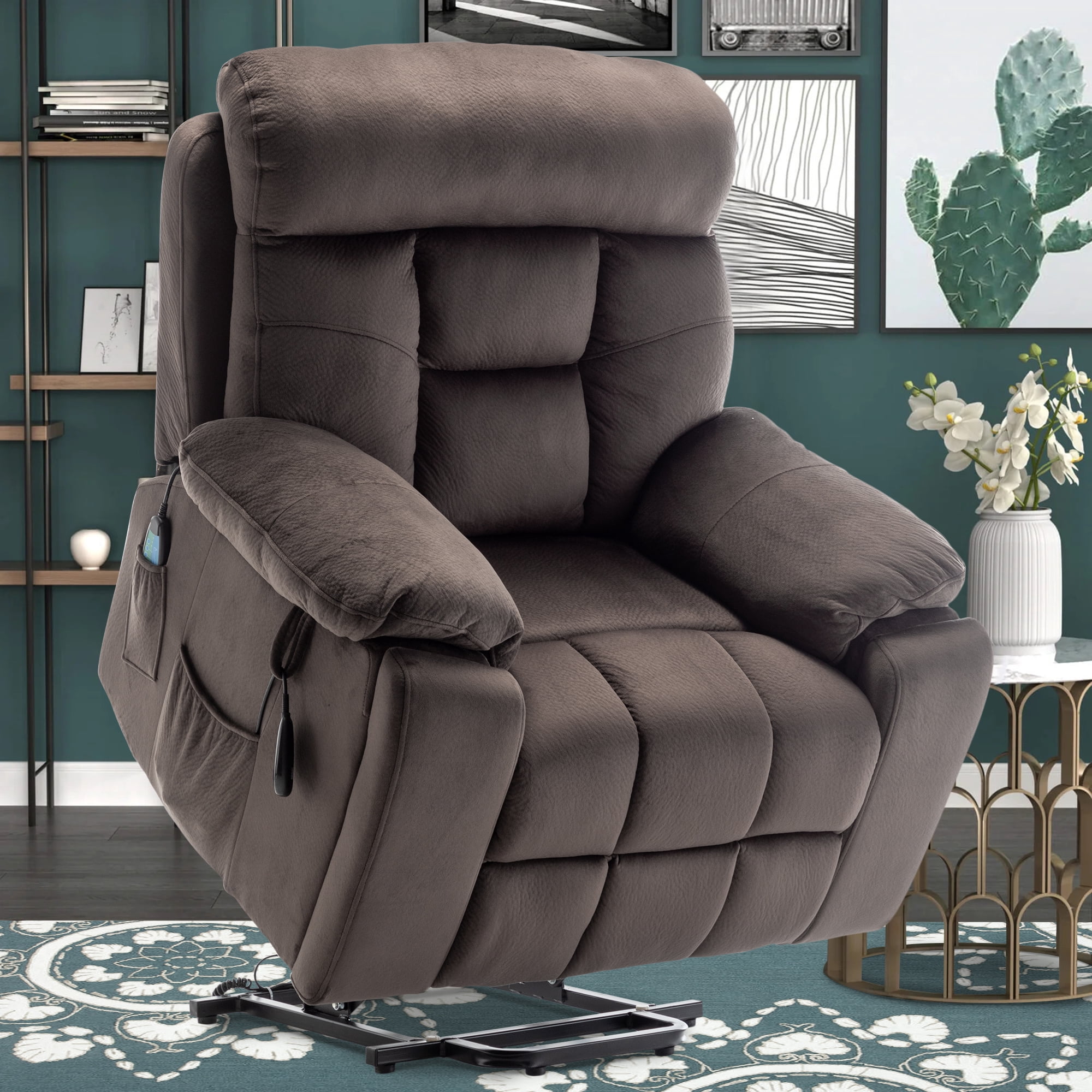 PAPROOS Oversized Electric Massage Lift Chair, Large Power Lift Recliner with Heat Therapy, Fabric Reclining Sofa with Remote, Hidden Cup Holder and Side Pocket for Elderly Seniors, Antique Brown