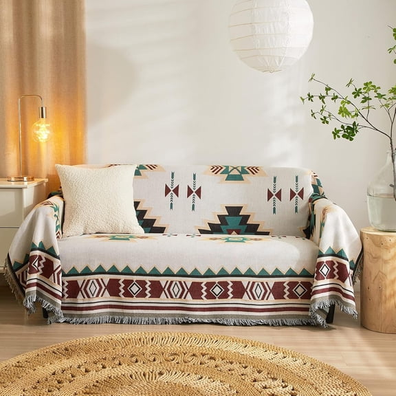 AUQ Aztec Boho Couch Cover Blanket Sofa Covers for Loveseat 2 Cushion Couches,Pet-Friendly Washable Anti-Slip Sofa Slipcovers Furniture Protector with Tassels,Farmhouse Home Decor 71’’ X118’’