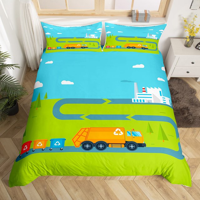 Garbage Truck Bedding Set Twin Size,Cartoon Green Truck Duvet Cover Recycling Trash Truck