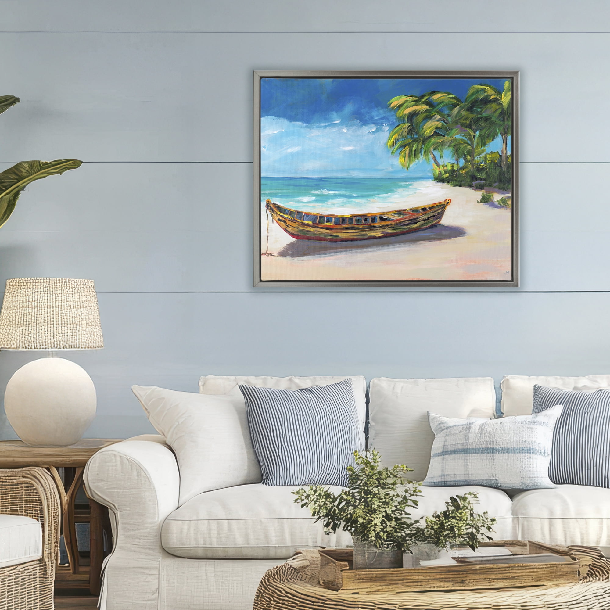 Stupell Industries Boat on Lost Island Gray Framed Floater Canvas Wall Art, design by Julie DeRice