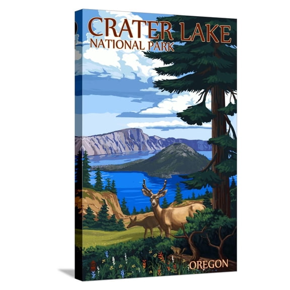 Art.com Crater Lake National Park, Oregon - Deer Family Stretched Canvas Print Wall Art by Lantern Press, 16" x 24"