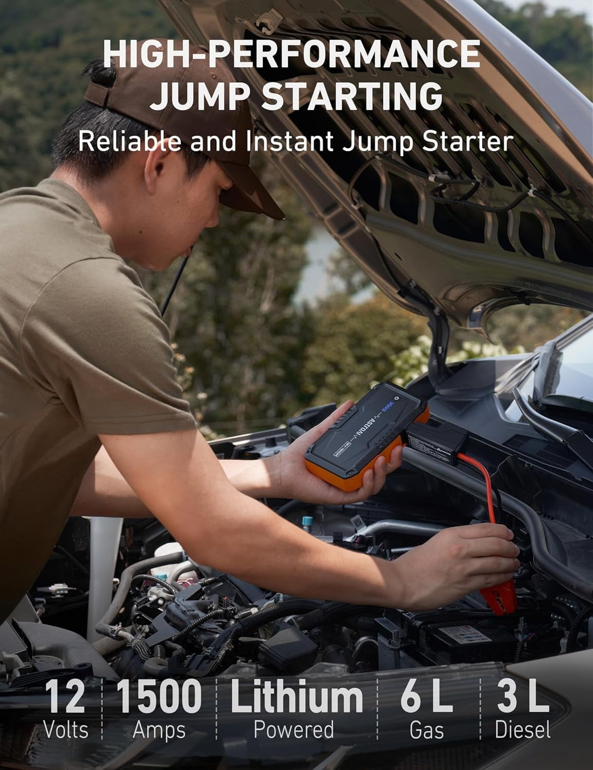 AstroAI S8 Orange Car Jump Starter: 1500A Peak for 6.0L Gas/3.0L Diesel, 12V Portable Battery Pack with 3-Mode Flashlight & Jumper Cables