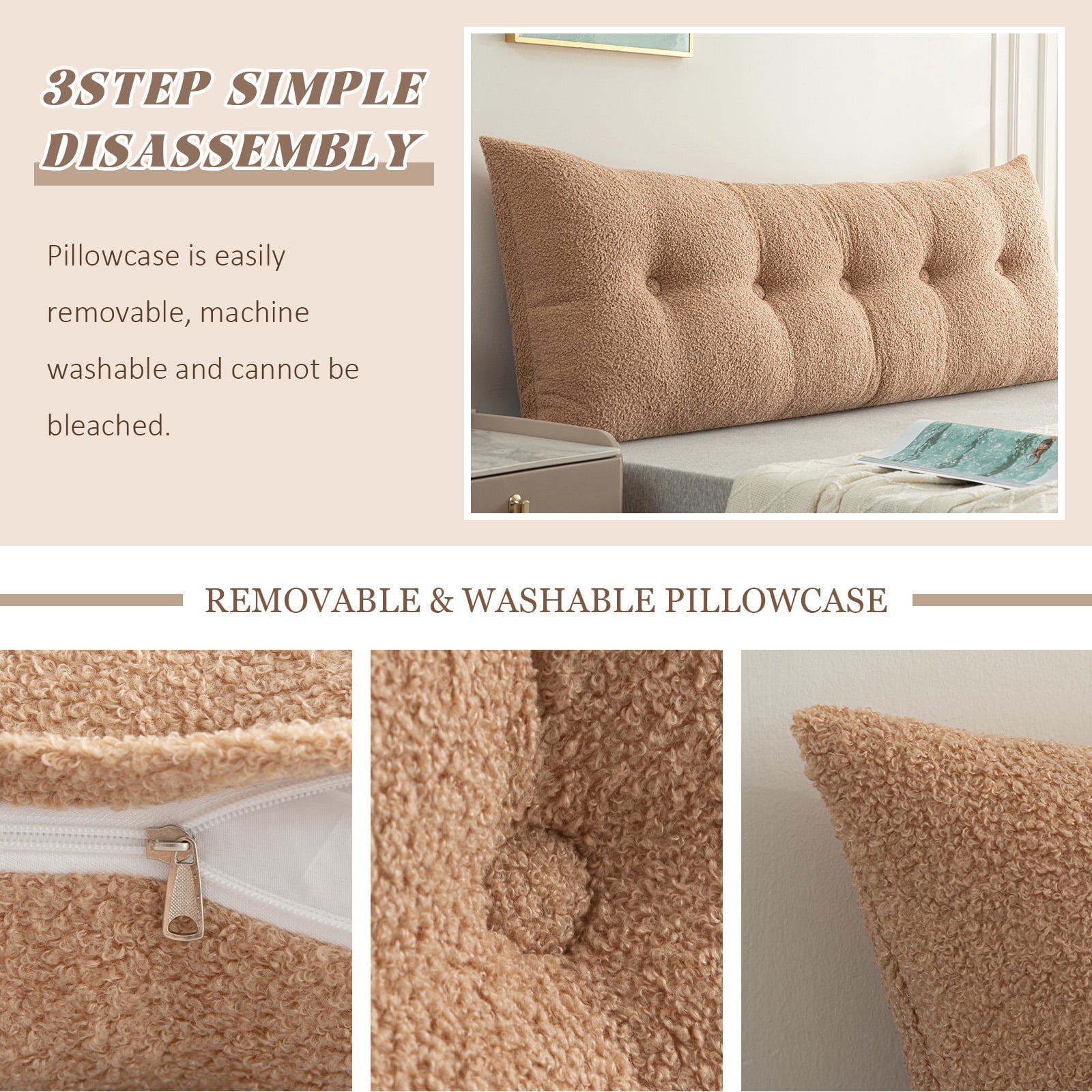 ANMINY Headboard Pillow, Teddy Velvet Fabric, Bed Rest Reading Pillow, Removable & Washable Cover, Daybed Wedge Pillow for King Beds