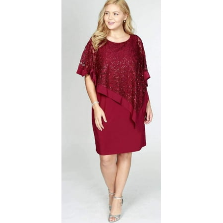 R&M Richards Short Metallic Lace Petite Dress, Merlot, 6P