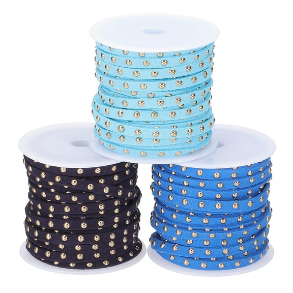 16.4 Yards Studded Faux Suede Cord Rope for Jewelry Making 3 Pack Each 5 Meter 5mm Micro Fibre Flat Leather Lace Beading String Ribbon with Gold Rivets, Blue/Lake Blue/Navy Blue