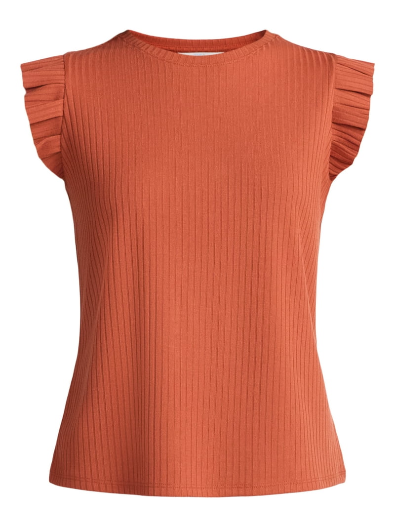 Time and Tru Women's Rib Ruffle Sleeve Top, Sizes XS-XXXL