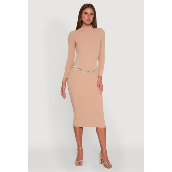 Womens Long Sleeve Mock Neck Midi Dress