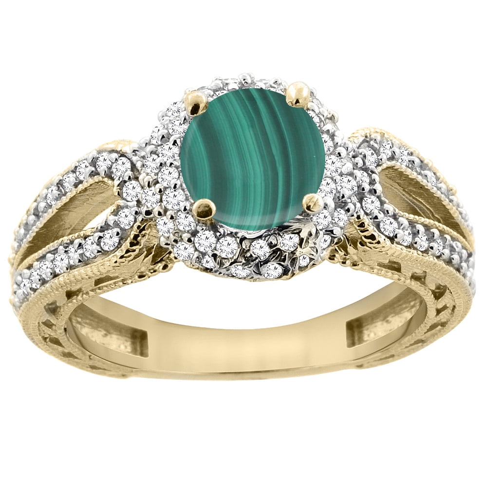 14K Yellow Gold Natural Malachite Engagement Ring Round 6mm Engraved Split Shank Diamond Accents, size 5 by Gabriella Gold