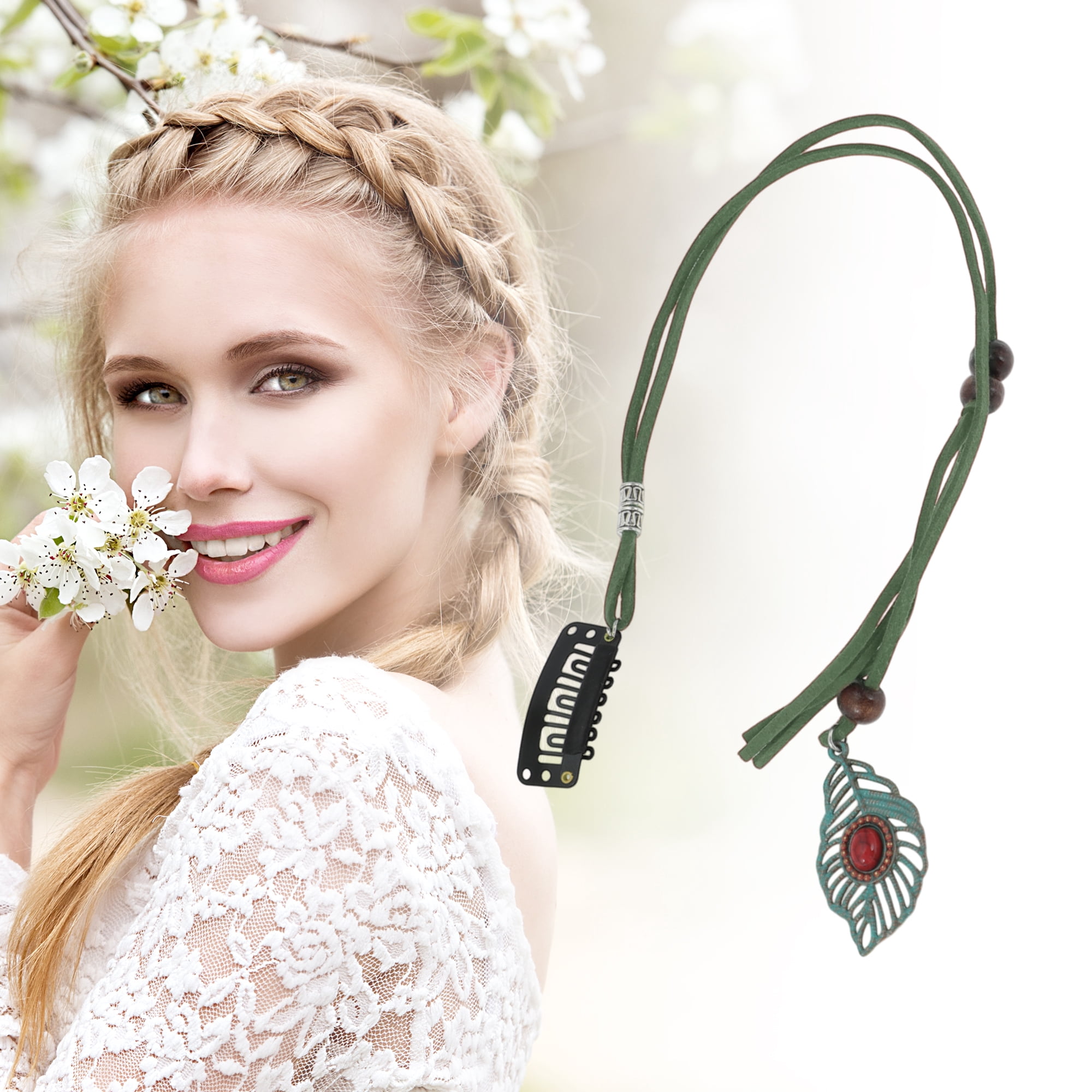 Unique Bargains Elegant Leaf Braided Hair Chain 1Pc Blackish Green 11.81"