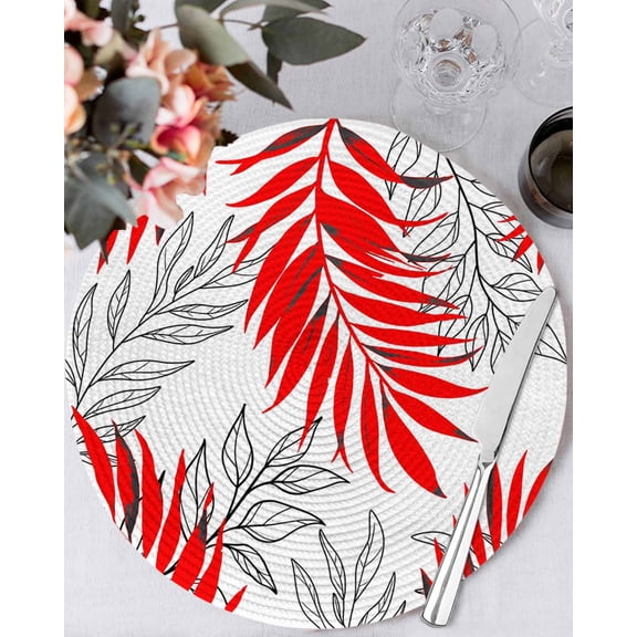15 Inch Round Placemats Set of 4, Red Leaves Non Slip Heat Insulation PP Table Mats, Abstract Modern Geometric Lines Simple Art Washable Place Mats for Kitchen Dining Party Table Decor