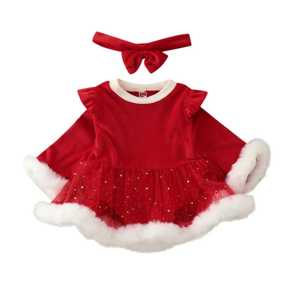 DHFJKG Newborn Baby Girls Christmas Romper Dress Fuzzy Trim Long Sleeve Star Sequin Bodysuits With Headband Outfits For Xmas Holiday 2 Piece Sets Lovely Onesies
