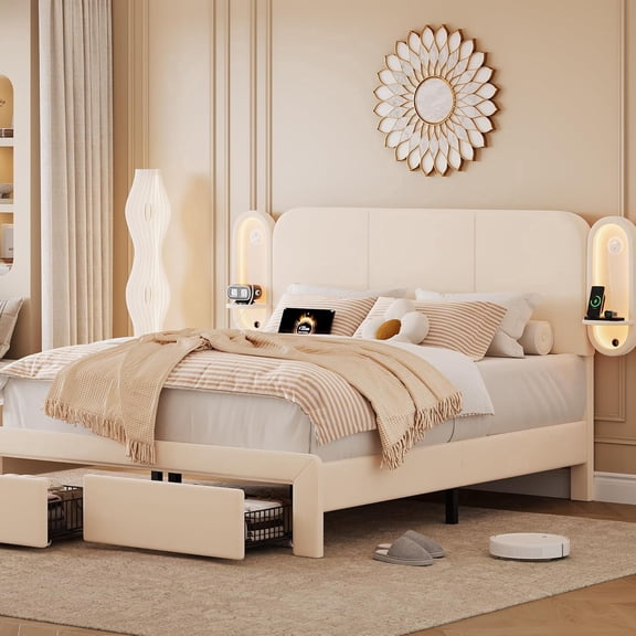 iPormis Full Upholstered Bed Frame with 2 Storage Drawers and Side-Shelf Headboard, Velvet Bed Frame with LED Lights, USB Port and Type-C Port , Beige