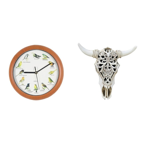 Reloj de pared,Reloj de pared con pájaro cantor Relojes de pared con pájaros,Escultura de pared de calavera,Estatua de resina con cabeza de vaca para decoración de pared y hogar,Adornos de