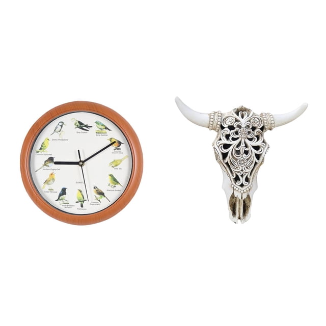 Reloj de pared,Reloj de pared con pájaro cantor Relojes de pared con pájaros,Escultura de pared de calavera,Estatua de resina con cabeza de vaca para decoración de pared y hogar,Adornos de