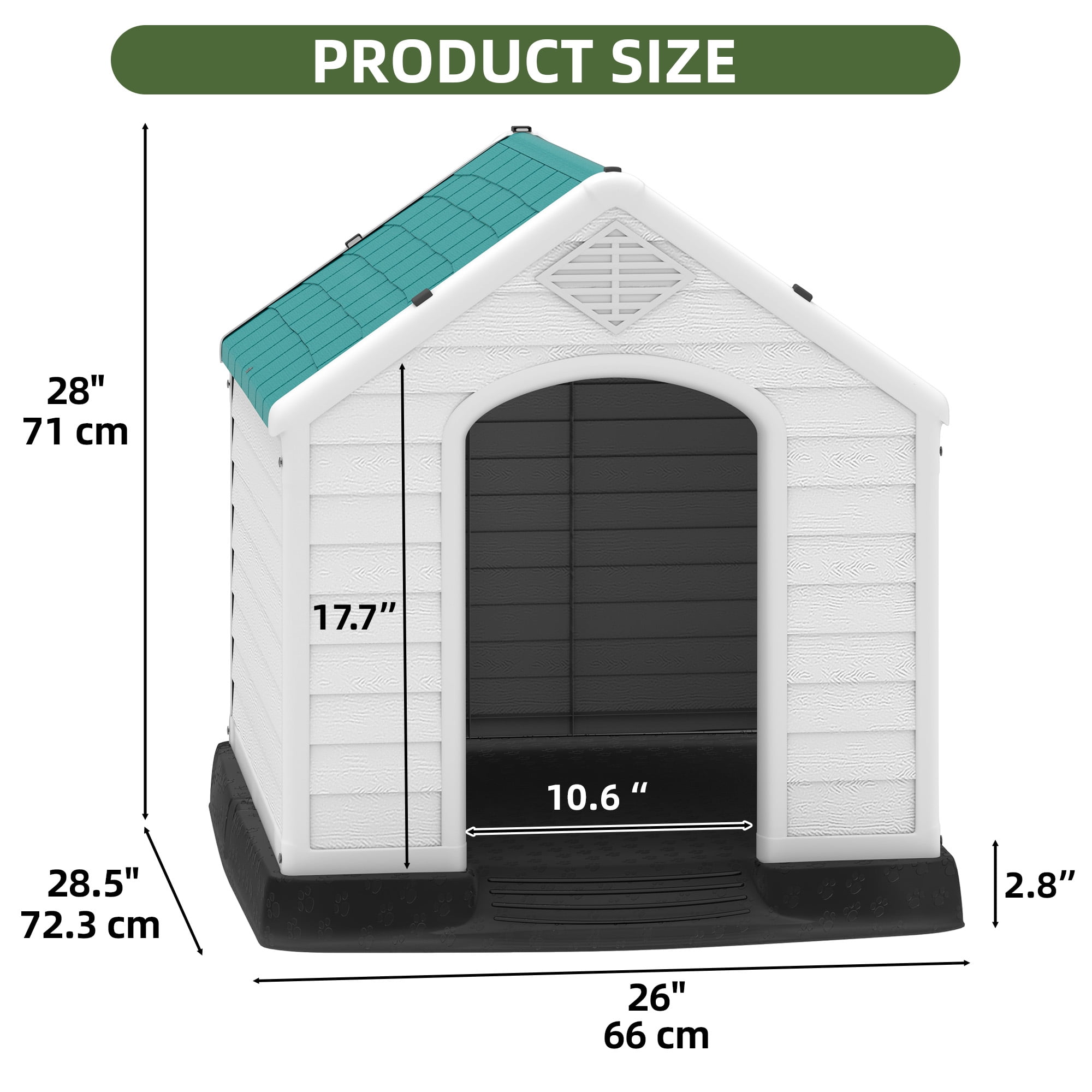 Uforic Waterproof Plastic Dog House with Air Vents and Elevated Floor, Outdoor Indoor Doghouse Puppy Shelter,Blue,28.5''Lx 26''Wx 28''H
