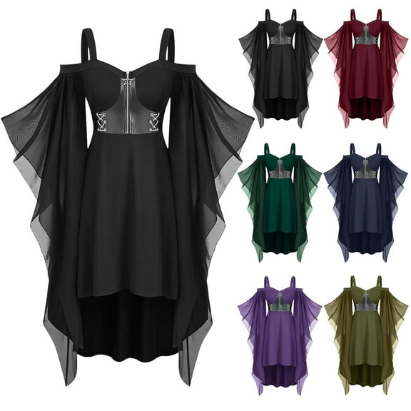 Felirenzacia Renaissance Gothic Dress for Women Halloween Costume Off Shoulder Lace Trumpet Sleeve Dress Medieval Steampunk Dress