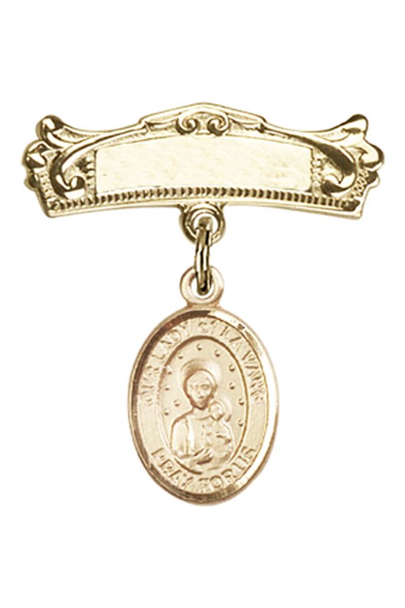 14kt Yellow Gold Baby Badge with Our Lady of la Vang Charm and Arched Polished Badge Pin 7/8 X 3/4 inches