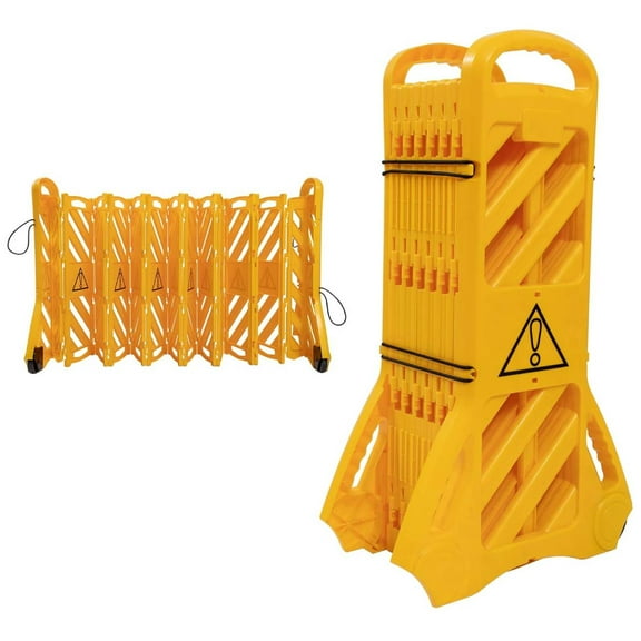13-Foot Extendable Mobile Safety Sign/Barrier with Locking Straps, Commercial Foldable Traffic Barricade Fence, Plastic Barricade for Construction, Traffic Control, Driveway Gate