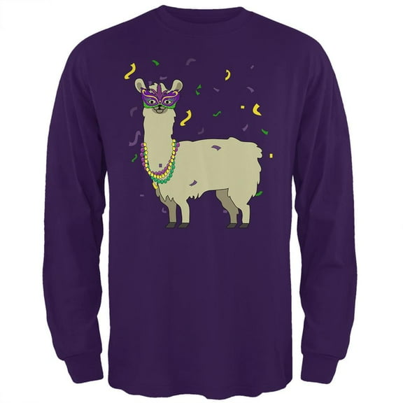Mardi Gras Llama Beads Mask Mens Long Sleeve T Shirt Purple SM