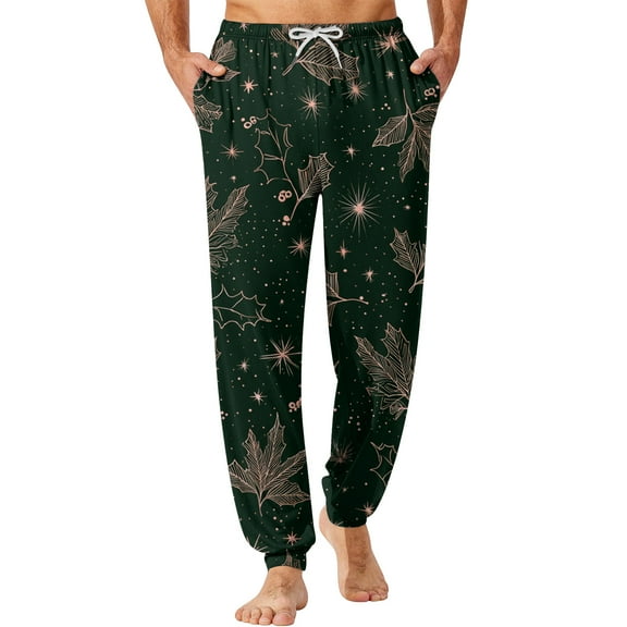 Wutalume Men's Drawstring Pocket Cuffed Casual Pants with Christmas Print, Soft Home Sleep Pants for Lounge, Holiday Wear, and Comfortable Relaxation,Dark Green L