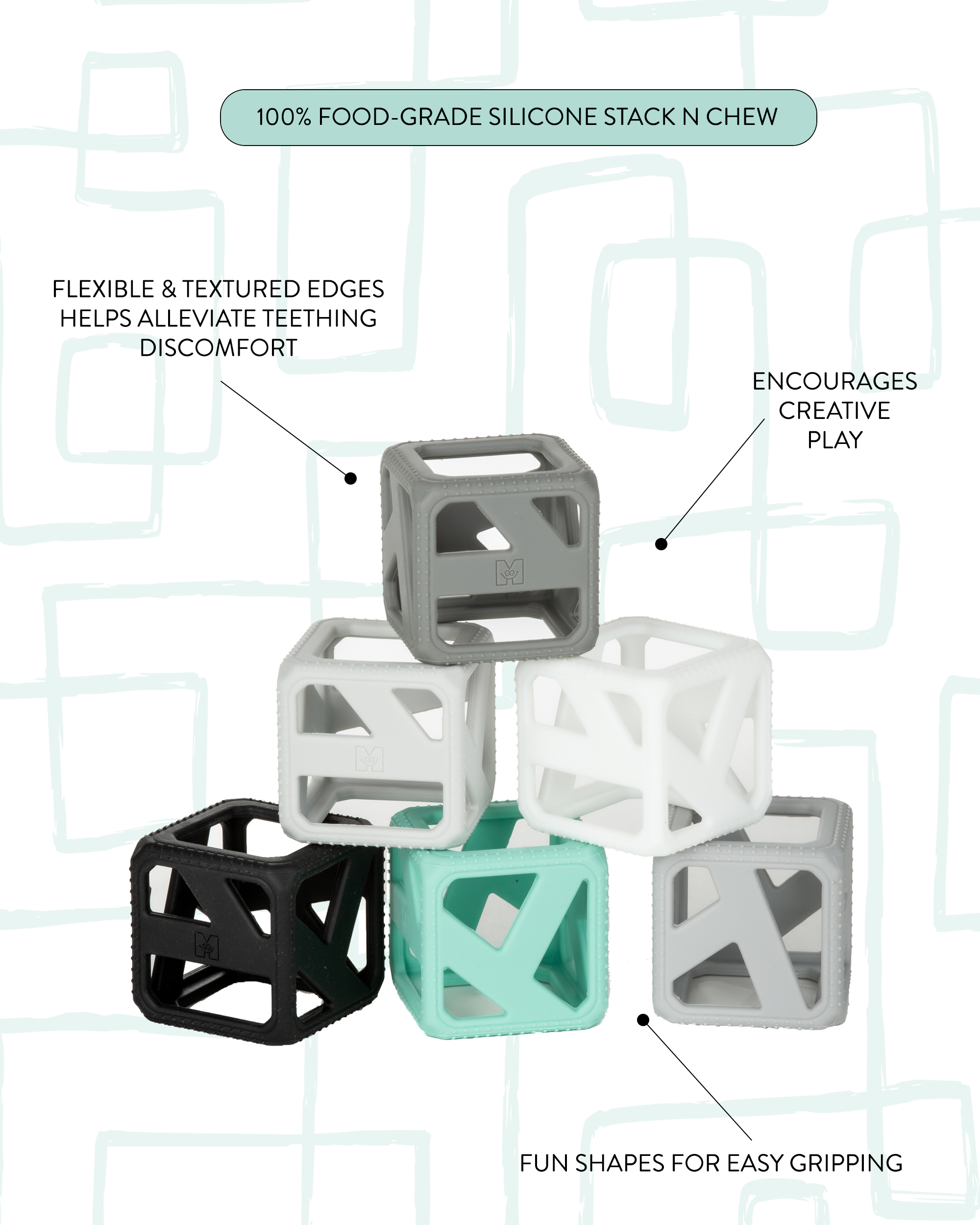 Malarkey Kids Stack N Chew Mini Cubes, Stackable and Chewable Sensory Teething Toy, 6 Pack, Monochrome